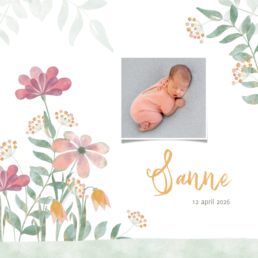 Geboortekaartjes - Geboortekaart aqarel bloemen roze-geel met foto