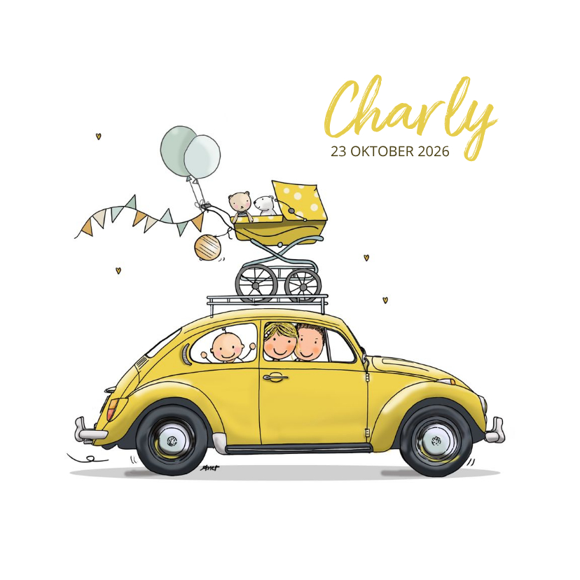 Geboortekaart Auto geel - Geboortekaartjes Geboortekaartjes - Geboortekaart Auto geel