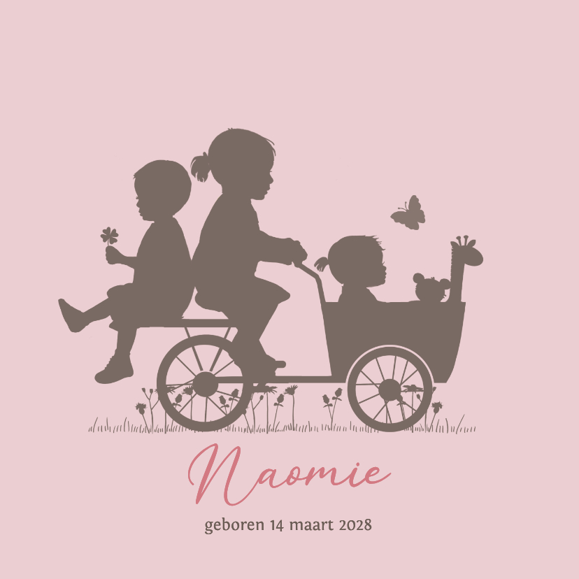 Geboortekaart bakfiets baby meisje met grote zus en broer - Geboortekaartjes Geboortekaartjes - Geboortekaart bakfiets baby meisje met grote zus en broer