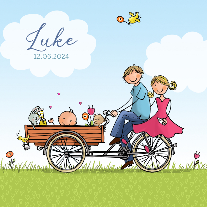 Geboortekaart bakfiets blauw blond - Geboortekaartjes Geboortekaartjes - Geboortekaart bakfiets blauw blond