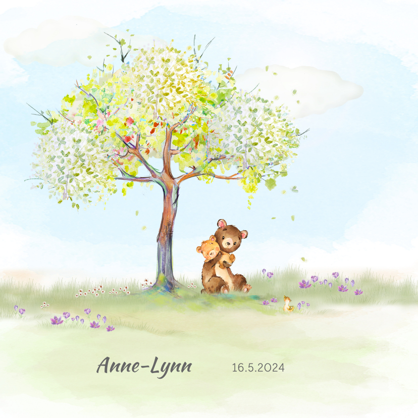 Geboortekaartjes - Geboortekaart beer onder boom in lentesfeer