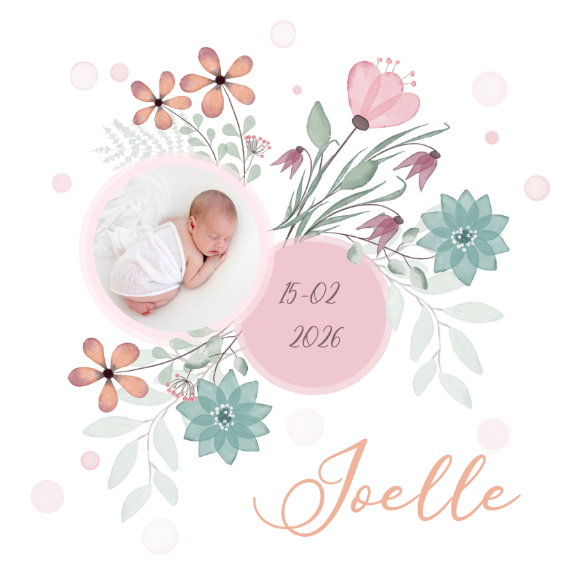 Geboortekaartjes - Geboortekaart bloemen en cirkel voor babyfoto