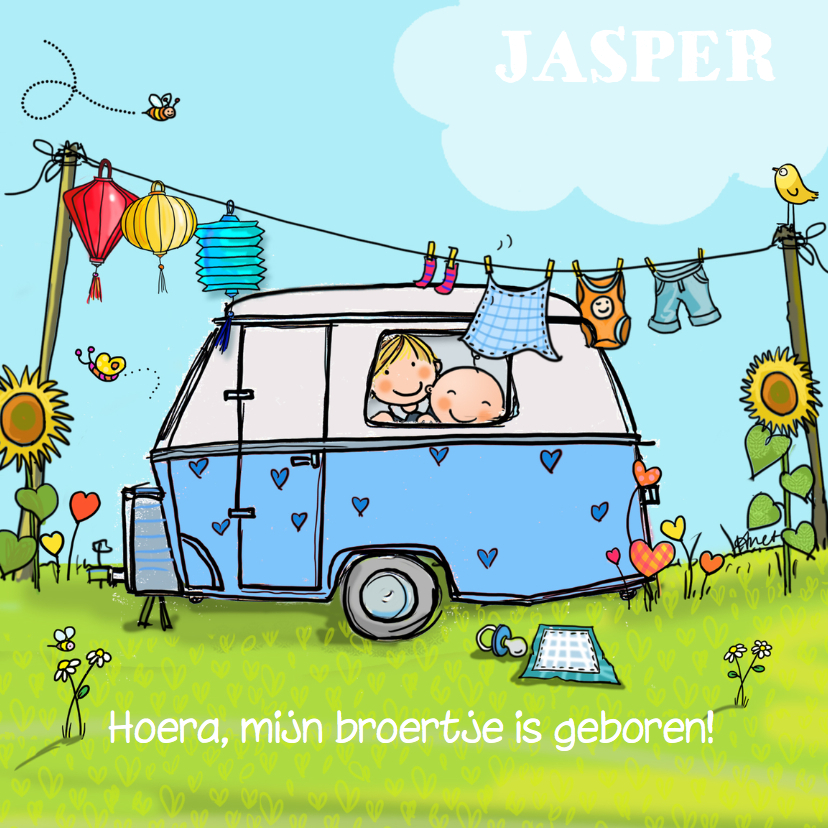 Geboortekaart Caravan blauw - Geboortekaartjes Geboortekaartjes - Geboortekaart Caravan blauw