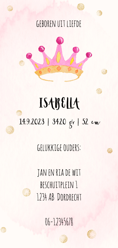 Geboortekaart-enkel kroontje roze - Geboortekaartjes Geboortekaartjes - Geboortekaart-enkel kroontje roze