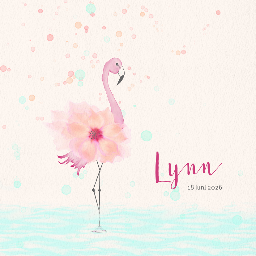 Geboortekaartjes - Geboortekaart flamingo met bloem-lijfje