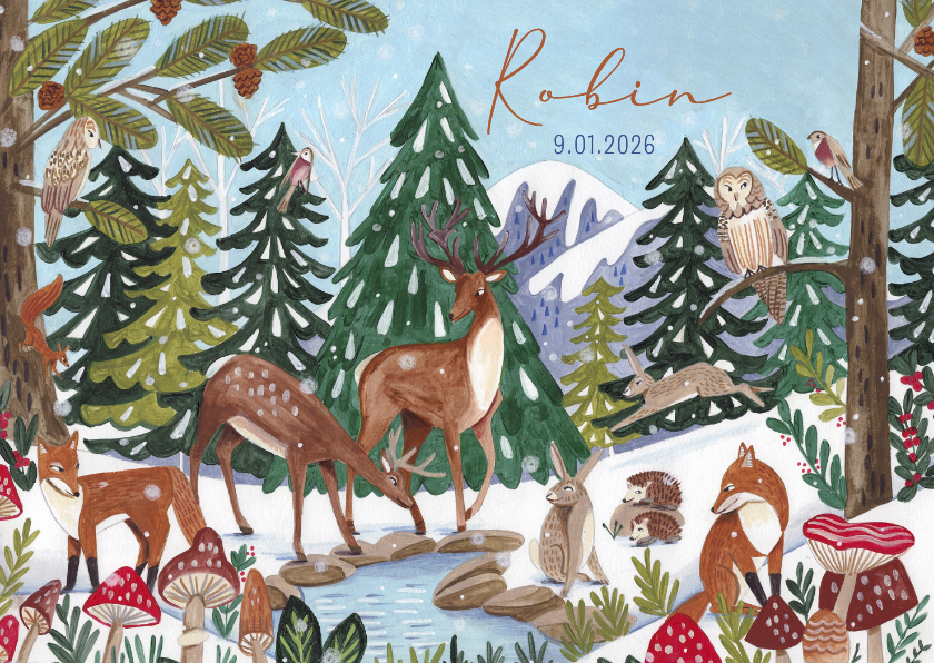 Geboortekaart hertjes en vosje in winter landschap - Geboortekaartjes Geboortekaartjes - Geboortekaart hertjes en vosje in winter landschap