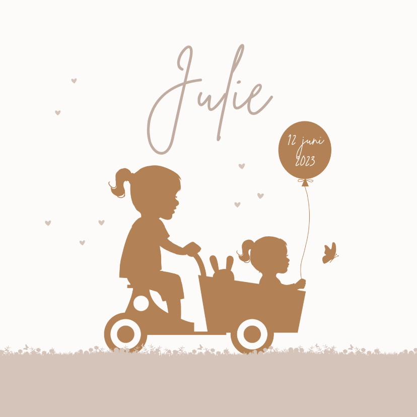 Geboortekaartjes - Geboortekaart houten bakfiets met zusjes ballon