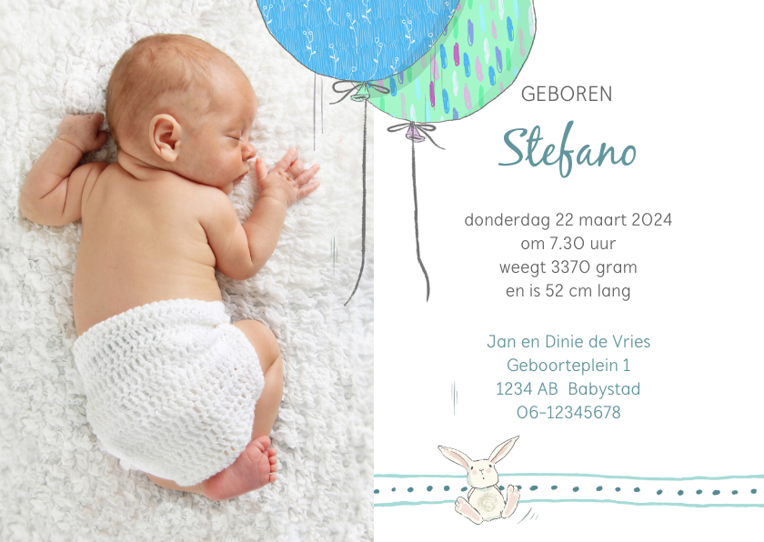 Geboortekaart jongen, ballonnen met konijn - Geboortekaartjes Geboortekaartjes - Geboortekaart jongen, ballonnen met konijn