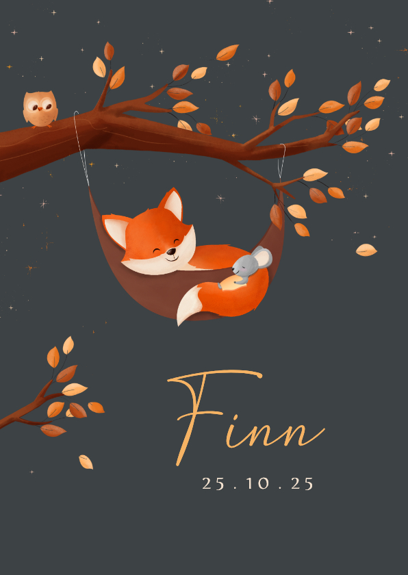 Geboortekaart jongen bosdieren vosje in hangmat in boom - Geboortekaartjes Geboortekaartjes - Geboortekaart jongen bosdieren vosje in hangmat in boom