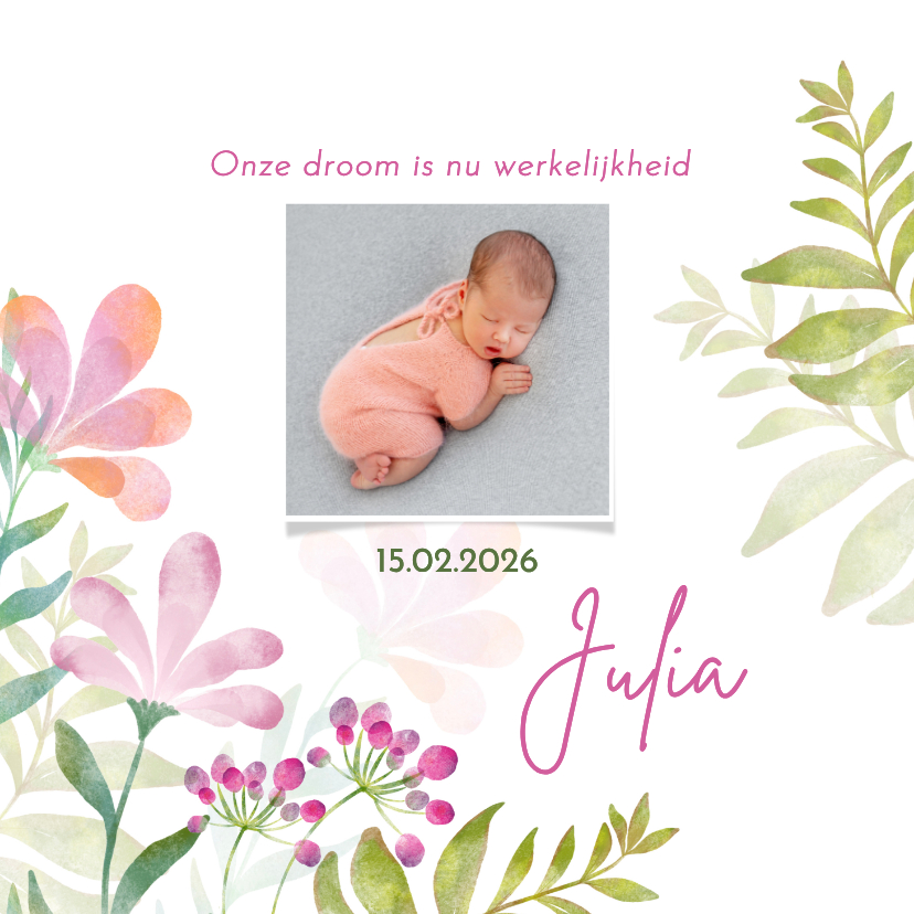 Geboortekaartjes - Geboortekaart meisje aquarel bloemen en foto