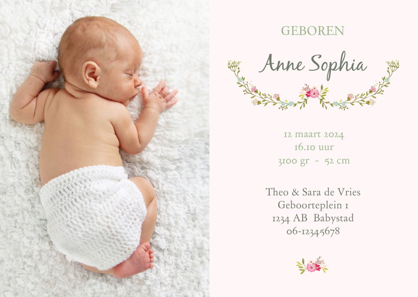 Geboortekaartjes - Geboortekaart meisje bloemen met foto