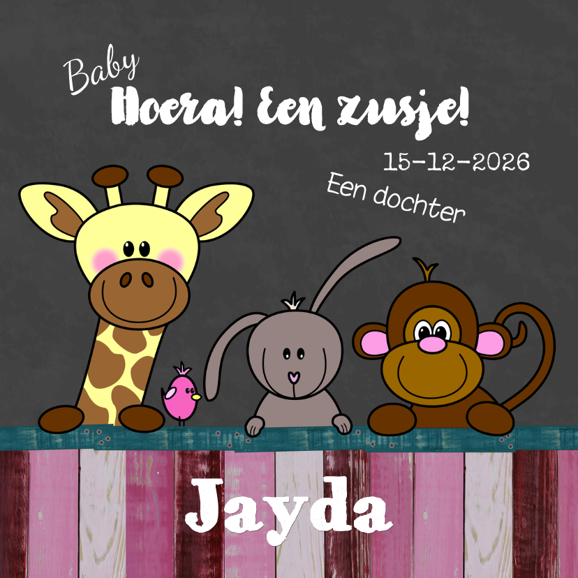 Geboortekaart meisje dieren HB - Geboortekaartjes Geboortekaartjes - Geboortekaart meisje dieren HB