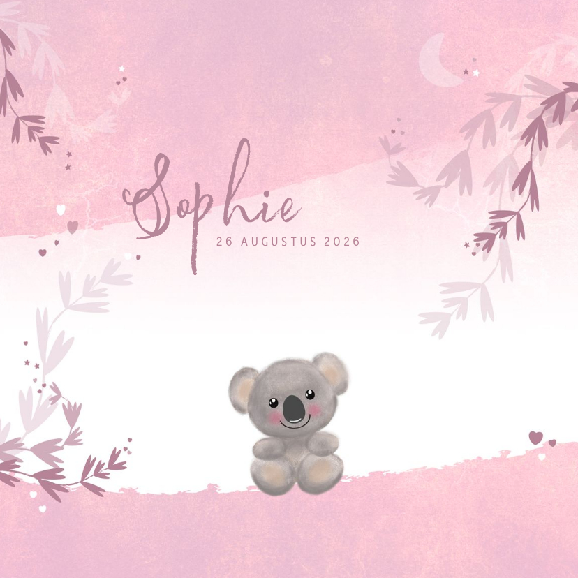 Geboortekaart meisje lief koalabeertje hartjes sterren maan - Geboortekaartjes Geboortekaartjes - Geboortekaart meisje lief koalabeertje hartjes sterren maan