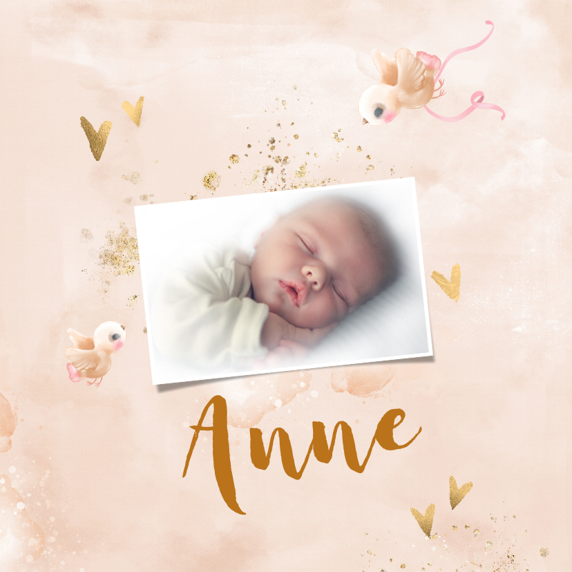 Geboortekaartjes - Geboortekaart meisje zalm-roze met gouden hartjes
