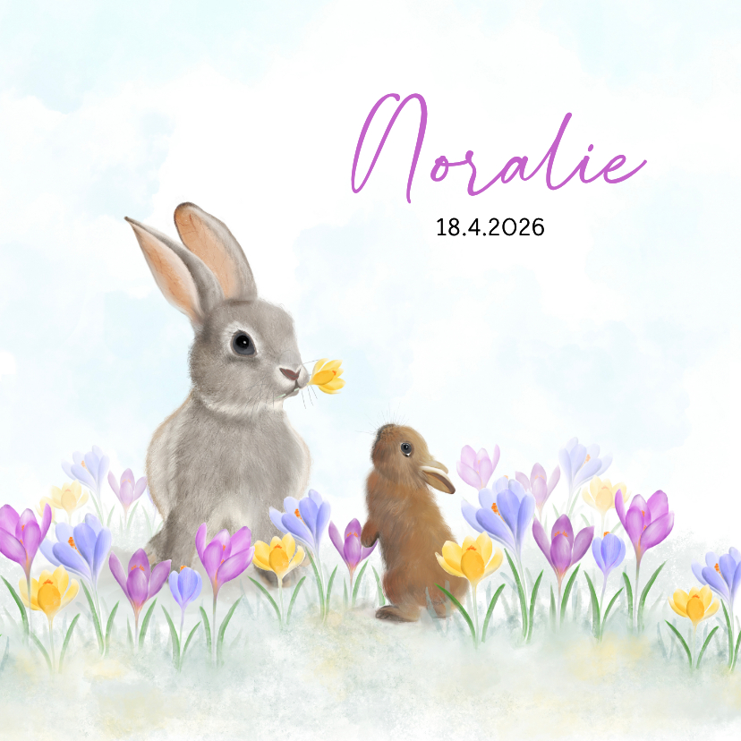 Geboortekaartjes - Geboortekaart moeder- en babykonijn tussen de krokussen