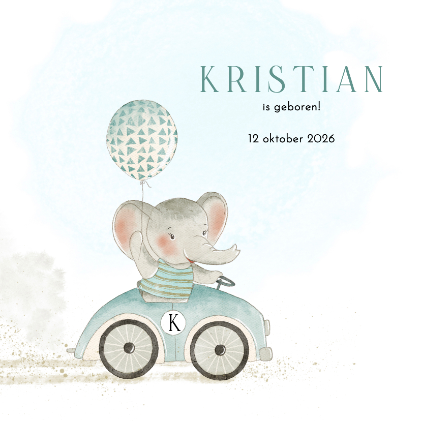 Geboortekaart olifant met ballon in auto - Geboortekaartjes Geboortekaartjes - Geboortekaart olifant met ballon in auto