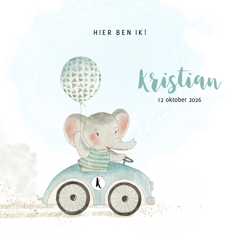 Geboortekaartjes - Geboortekaart olifant met ballon in auto