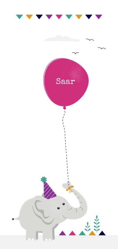 Geboortekaart olifant met roze ballon - Geboortekaartjes Geboortekaartjes - Geboortekaart olifant met roze ballon