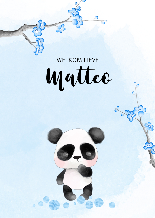 Geboortekaart panda met kersenbloesem -jongen- - Geboortekaartjes Geboortekaartjes - Geboortekaart panda met kersenbloesem -jongen-