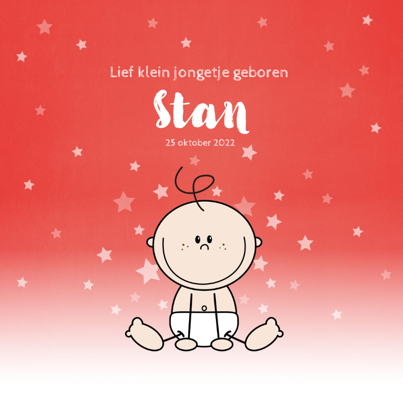 Geboortekaart stoere rood kleurige kaart met baby en sterren - Geboortekaartjes Geboortekaartjes - Geboortekaart stoere rood kleurige kaart met baby en sterren