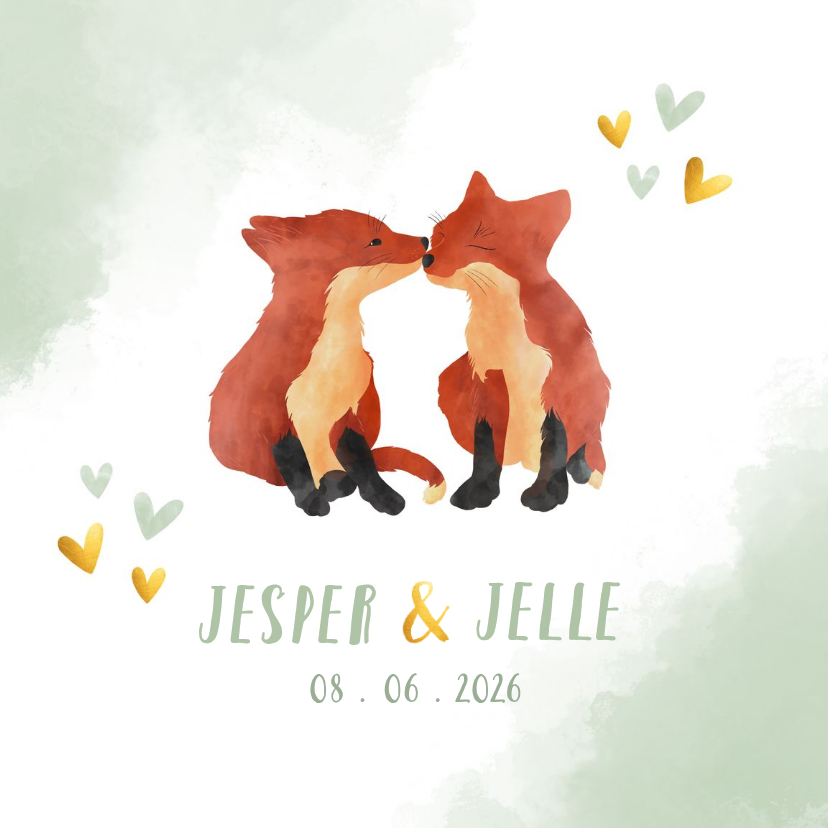 Geboortekaartjes - Geboortekaart tweeling vosjes jongen waterverf achtergrond