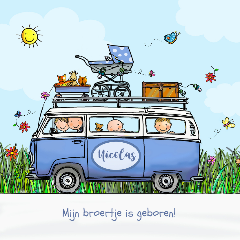 Geboortekaartjes - Geboortekaart VW blauw met broertjes