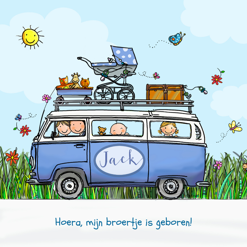 Geboortekaart VW bus blauw baby jongen met zusje - Geboortekaartjes Geboortekaartjes - Geboortekaart VW bus blauw baby jongen met zusje