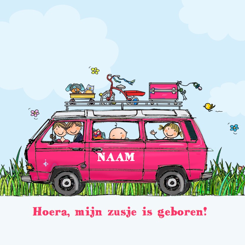 Geboortekaart VW T3 Joker roze - Geboortekaartjes Geboortekaartjes - Geboortekaart VW T3 Joker roze