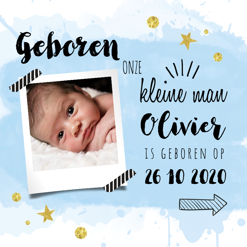 Geboortekaart waterverf blauw en goud - Geboortekaartjes Geboortekaartjes - Geboortekaart waterverf blauw en goud