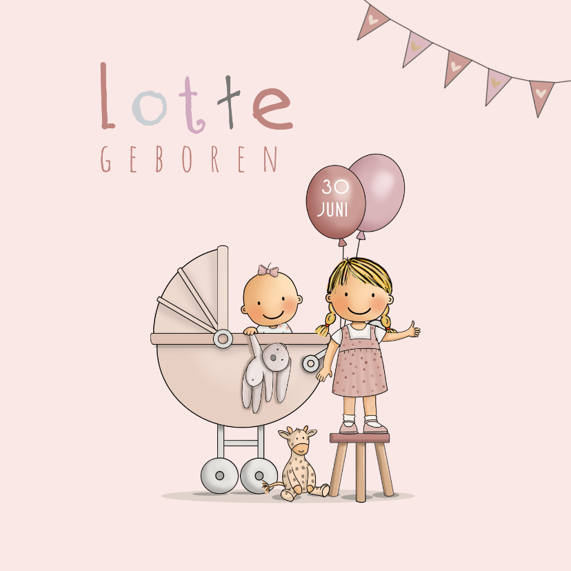Geboortekaart zusje kinderwagen - Geboortekaartjes Geboortekaartjes - Geboortekaart zusje kinderwagen