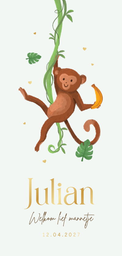 Geboortekaartje aap jungle dieren goud hartjes groen - Geboortekaartjes Geboortekaartjes - Geboortekaartje aap jungle dieren goud hartjes groen