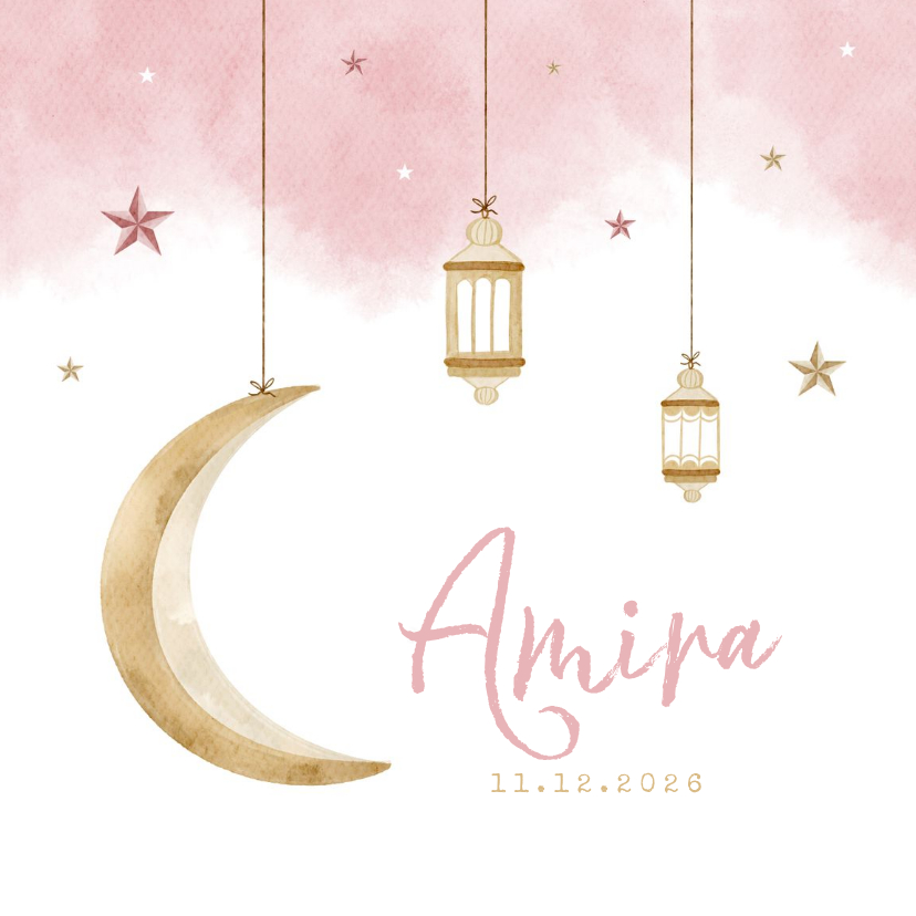 Geboortekaartjes - Geboortekaartje Arabisch meisje maan sterren windlichtjes