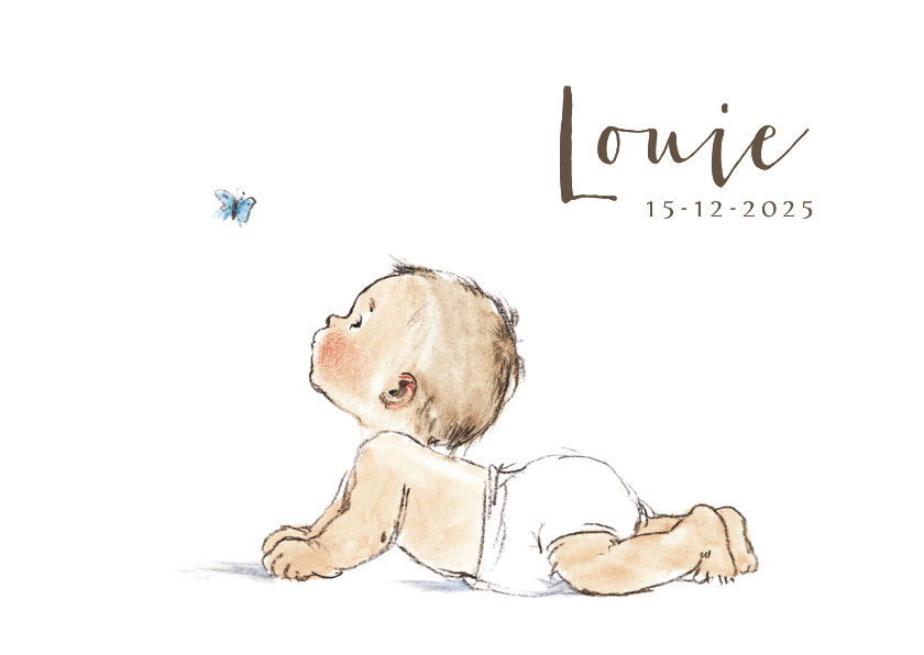 Geboortekaartje baby kijkend naar een blauwe vlinder - Geboortekaartjes Geboortekaartjes - Geboortekaartje baby kijkend naar een blauwe vlinder