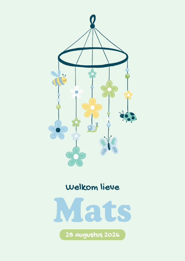 Geboortekaartjes - Geboortekaartje babymobiel met bloemen vlinder en bijtje