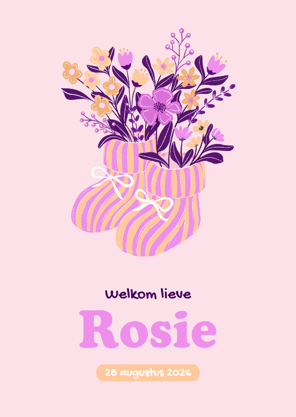 Geboortekaartjes - Geboortekaartje babyslofjes met roze en gele bloemen