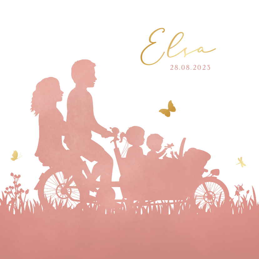 Geboortekaartjes - Geboortekaartje bakfiets silhouet 3 kinderen zus broertje