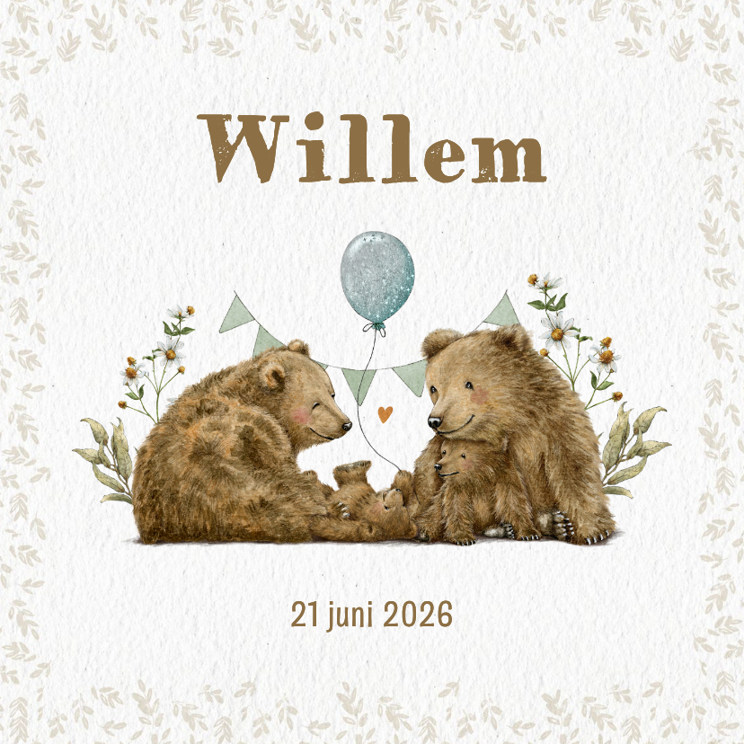 Geboortekaartje beer met ballon tussen familie en bloemen - Geboortekaartjes Geboortekaartjes - Geboortekaartje beer met ballon tussen familie en bloemen