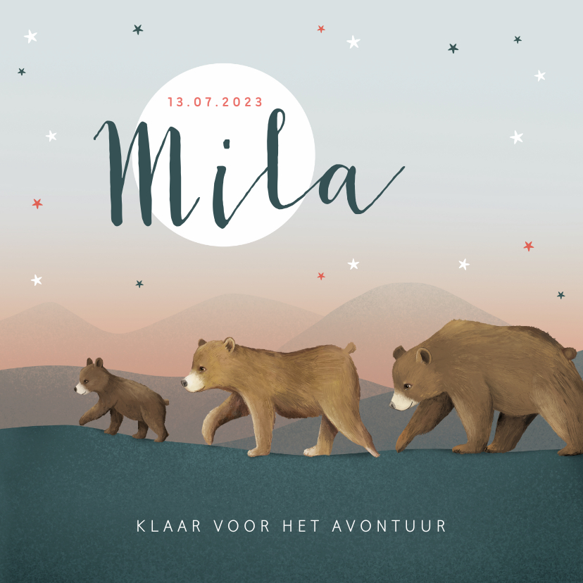 Geboortekaartje berenfamilie illustratie meisje sterren maan - Geboortekaartjes Geboortekaartjes - Geboortekaartje berenfamilie illustratie meisje sterren maan
