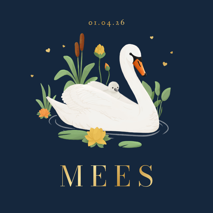 Geboortekaartjes - Geboortekaartje blauw zwaan waterlelie groen stijlvol goud
