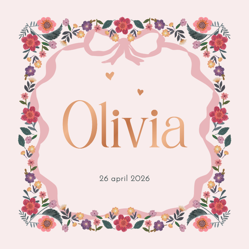Geboortekaartje bloemen en roze strik vierkant - Geboortekaartjes Geboortekaartjes - Geboortekaartje bloemen en roze strik vierkant