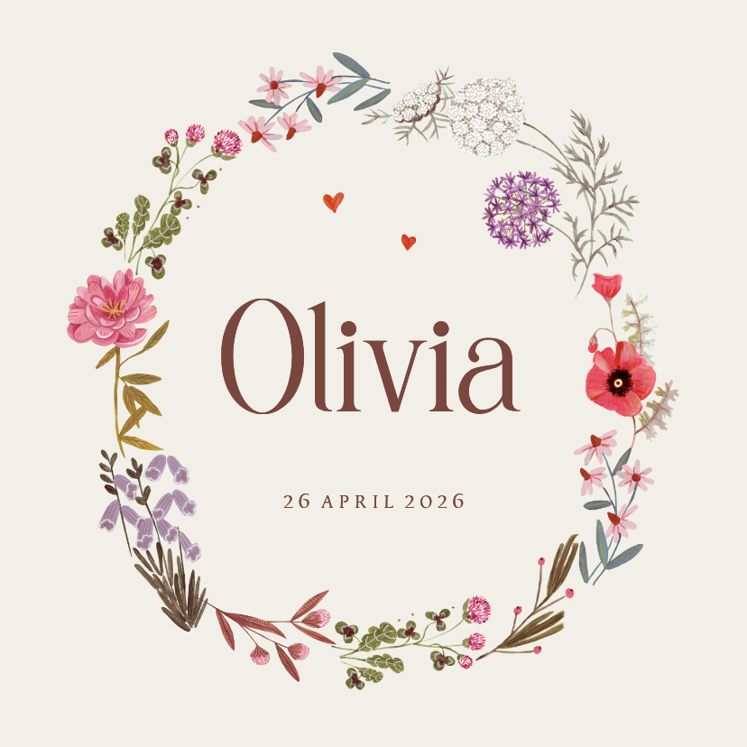 Geboortekaartje bloemen krans rond - Geboortekaartjes Geboortekaartjes - Geboortekaartje bloemen krans rond
