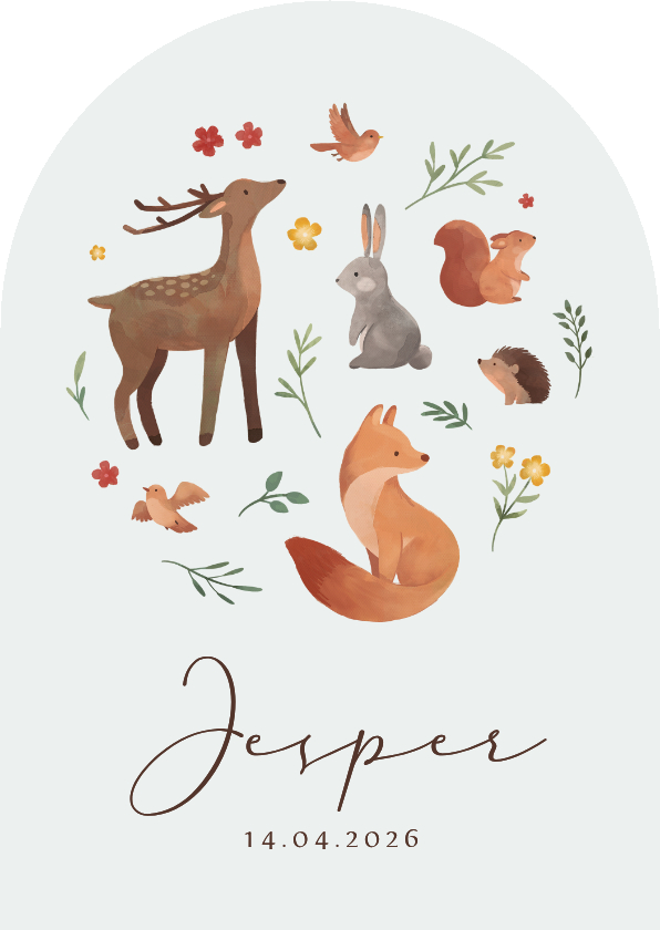 Geboortekaartje boogvorm dieren lente bloemen lief - Geboortekaartjes Geboortekaartjes - Geboortekaartje boogvorm dieren lente bloemen lief