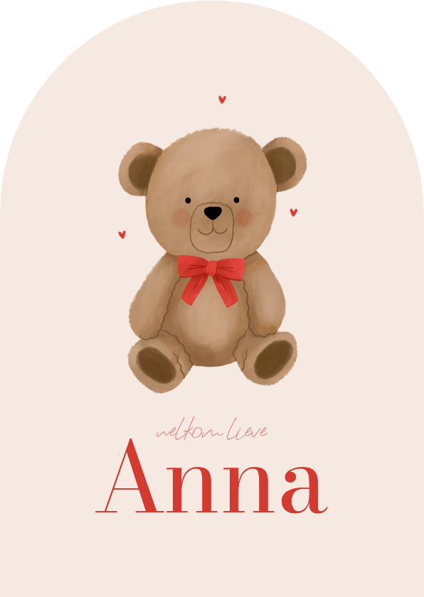 Geboortekaartje boogvorm teddybeer met strik hartjes roze - Geboortekaartjes Geboortekaartjes - Geboortekaartje boogvorm teddybeer met strik hartjes roze