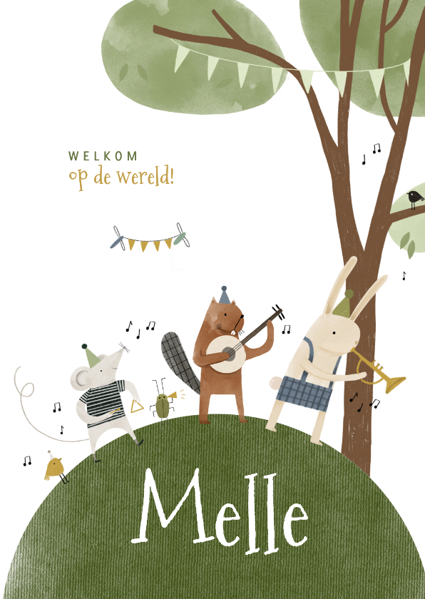 Geboortekaartjes - Geboortekaartje boom bosdiertjes en muziekinstrumenten