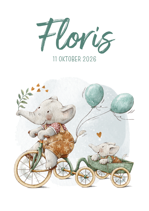 Geboortekaartje broertje met olifantjes op de fiets - Geboortekaartjes Geboortekaartjes - Geboortekaartje broertje met olifantjes op de fiets