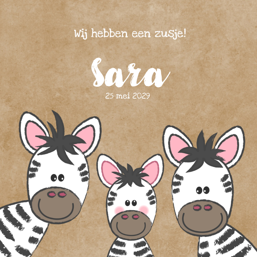 Geboortekaartjes - Geboortekaartje broertje of zusje met schattige zebra's 