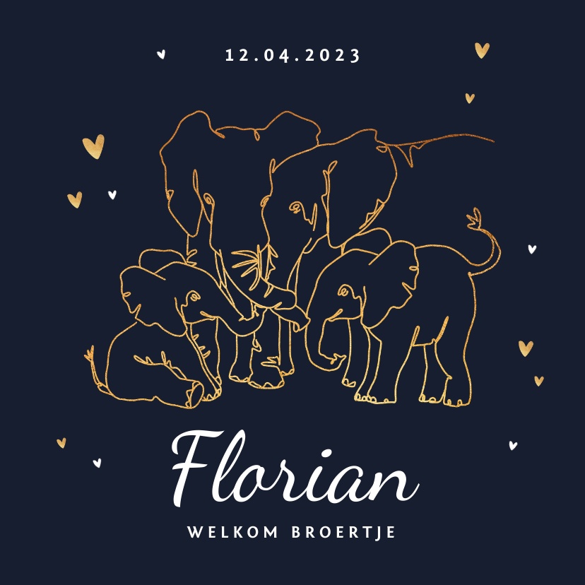 Geboortekaartje broertje zusje dieren olifant goud hartjes - Geboortekaartjes Geboortekaartjes - Geboortekaartje broertje zusje dieren olifant goud hartjes