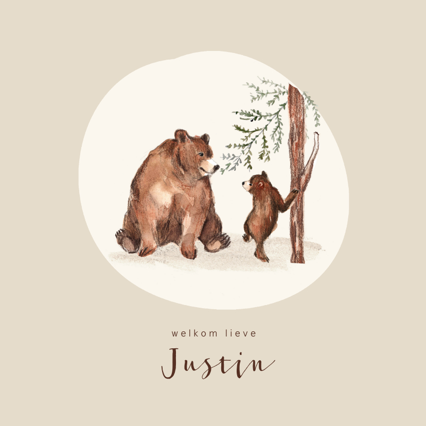 Geboortekaartjes - Geboortekaartje bruine beer met kleintje bij een boom
