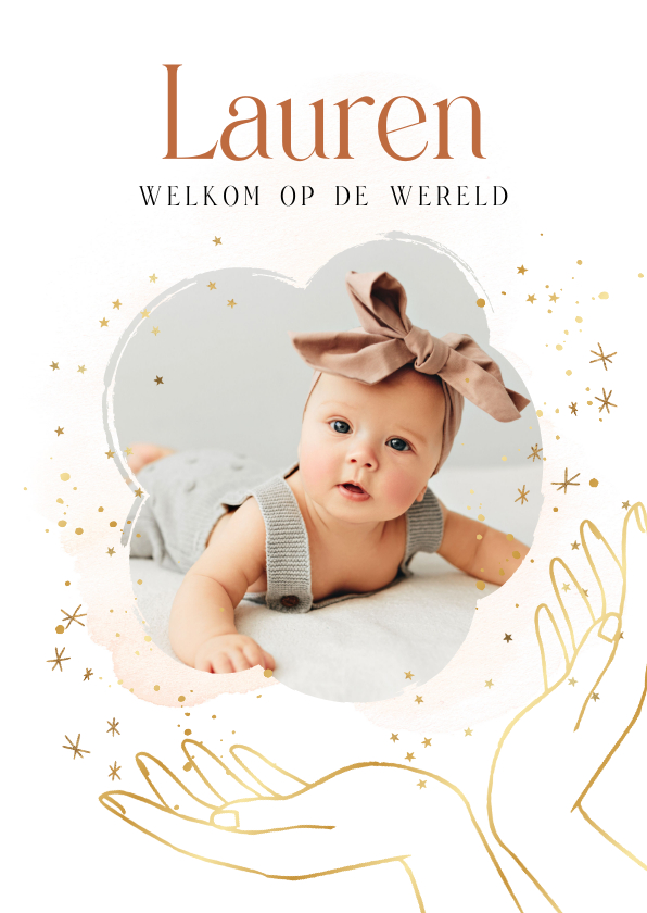 Geboortekaartjes - Geboortekaartje christelijk illustratie handen sterren goud