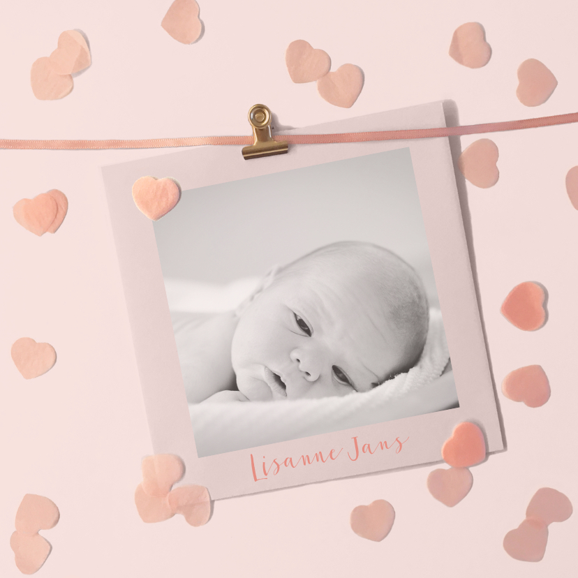 Geboortekaartjes - Geboortekaartje confetti hartjes roze